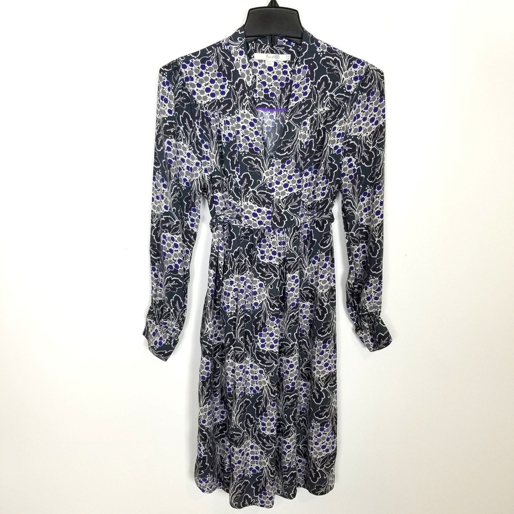 Boden Blue/Gray Hydrangea‎ Floral Sarah Boho Dress Sz 6R Long Sleeve